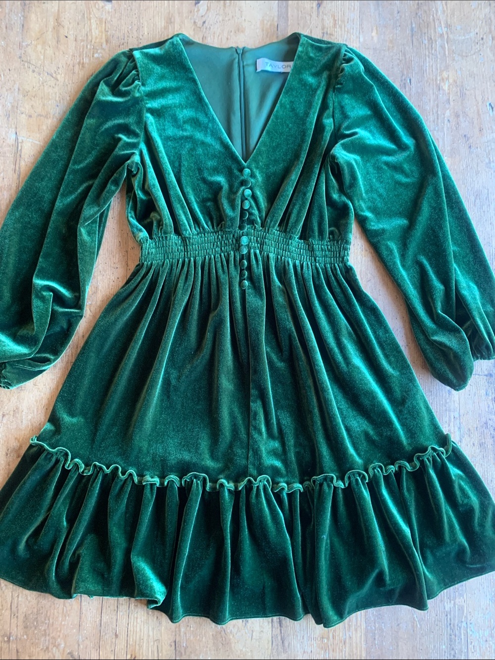 Taylor Emerald Velvet Smocked Waist Party Dress